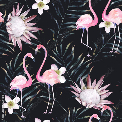 Watercolor african protea, flamingo and tropical leaves pattern. Seamless mot...