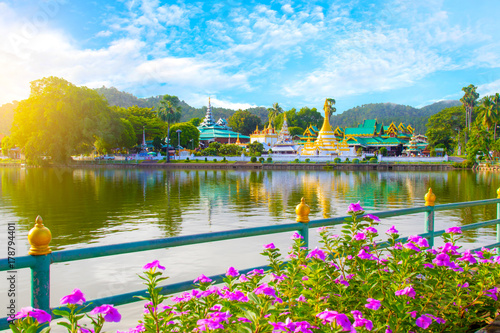 Wat Jongklang - Wat Jongkham the most favourite place for tourist in Mae hong son near Chiang mai, Thailand with blue sky photo