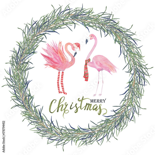 Christmas tropical frame. Watercolour palm tree, flamingo. Hand drawn illustr...