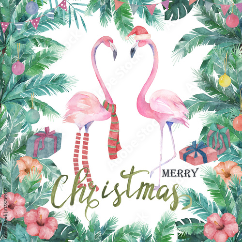 Christmas tropical frame. Watercolor palm tree, flamingo. Hand drawn illustration