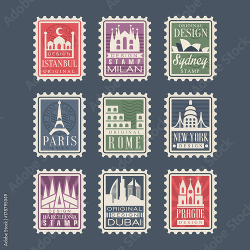 Collection of stamps from different countries with architectural landmarks, vector Illustrations, city stamps with symbols