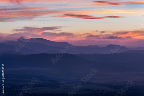 Stunning view over valley in high Tatra mountains after sunset