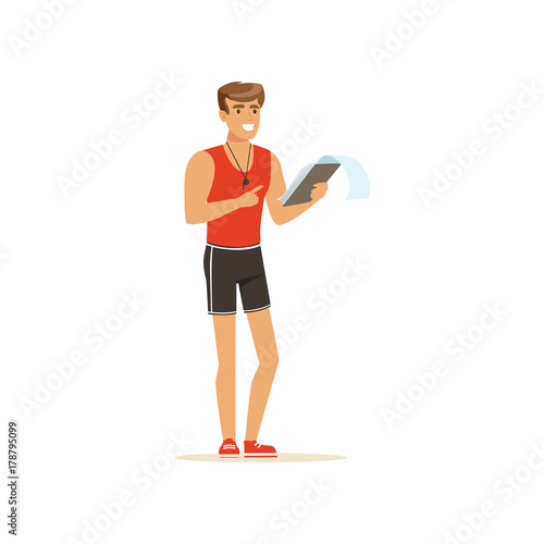 Professional fitness coach with training plan vector Illustration