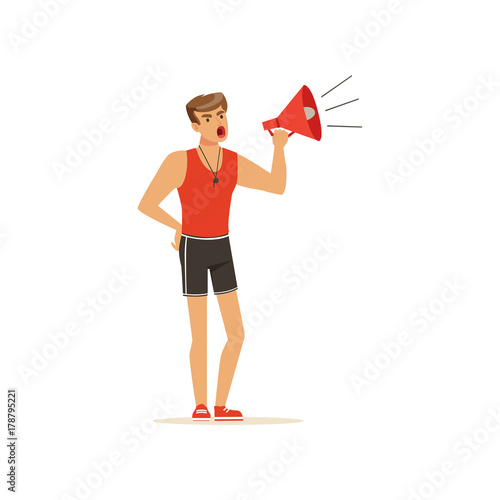 Professional fitness coach yelling with megaphone vector Illustration