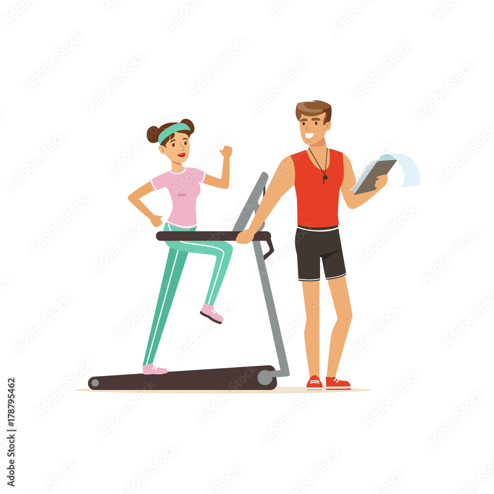 Fototapeta premium Professional fitness coach and young woman running on thread mill, people exercising under control of personal trainer vector Illustration