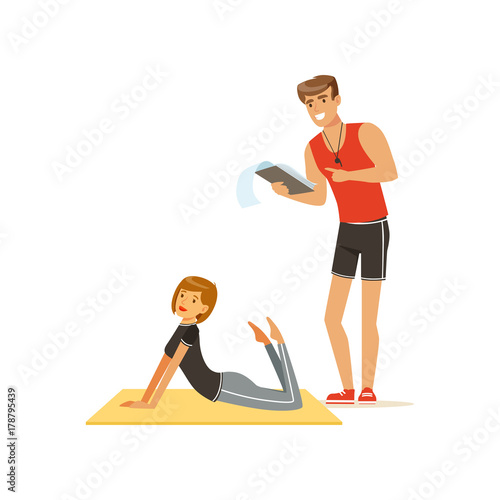 Professional fitness coach with training plan and young woman doing fitness exercises on a mat, people exercising under control of personal trainer vector Illustration