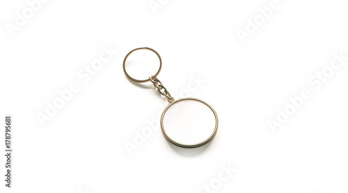 Blank golden white key chain mock up side view, 3d rendering. Clear gold circular keychain design mockup isolated. Empty plain keyring souvenir holder template. Steel trinket label