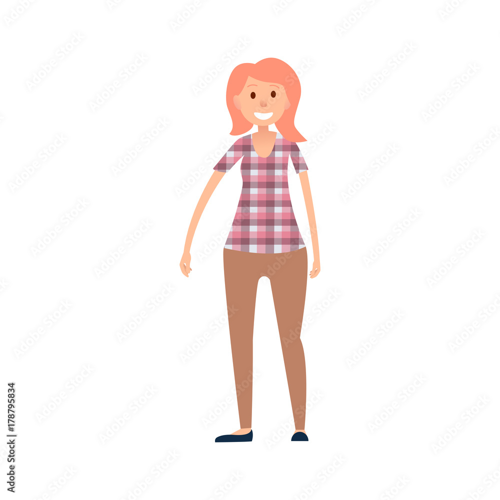 Wooman in Casual Cloth Wears Checkered T-shirt Wooman in Casual Cloth Wears Checkered T-shirt