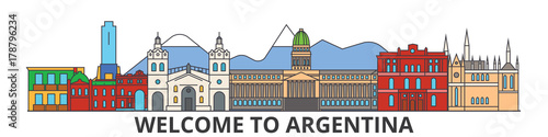 Argentina outline skyline, argentinian flat thin line icons, landmarks, illustrations. Argentina cityscape, argentinian vector travel city banner. Urban silhouette