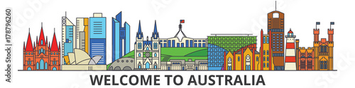 Australia outline skyline, australian flat thin line icons, landmarks, illustrations. Australia cityscape, australian vector travel city banner. Urban silhouette