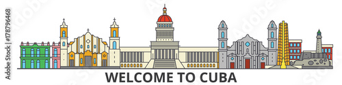 Cuba outline skyline, cuban flat thin line icons, landmarks, illustrations. Cuba cityscape, cuban vector travel city banner. Urban silhouette