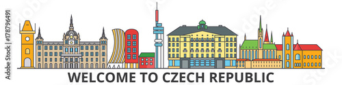 Czech republic outline skyline, Czech flat thin line icons, landmarks, illustrations. Czech republic cityscape, Czech vector travel city banner. Urban silhouette