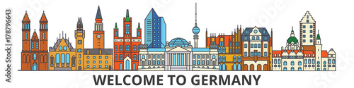 Germany outline skyline, german flat thin line icons, landmarks, illustrations. Germany cityscape, german vector travel city banner. Urban silhouette
