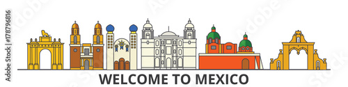 Mexico outline skyline, mexican flat thin line icons, landmarks, illustrations. Mexico cityscape, mexican vector travel city banner. Urban silhouette