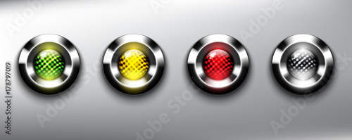 Abstract metallic web buttons set of 4. Round glass web icons with chrome frame and traffic lights in 4 different colors. Semaphore. Isolated on the light background. Vector illustration. Eps10.