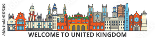 Fotografija United Kingdom outline skyline, british flat thin line icons, landmarks, illustrations