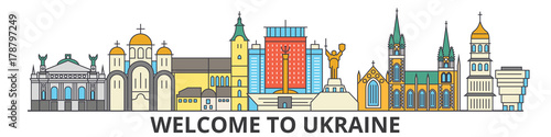 Ukraine outline skyline, ukranian flat thin line icons, landmarks, illustrations. Ukraine cityscape, ukranian vector travel city banner. Urban silhouette