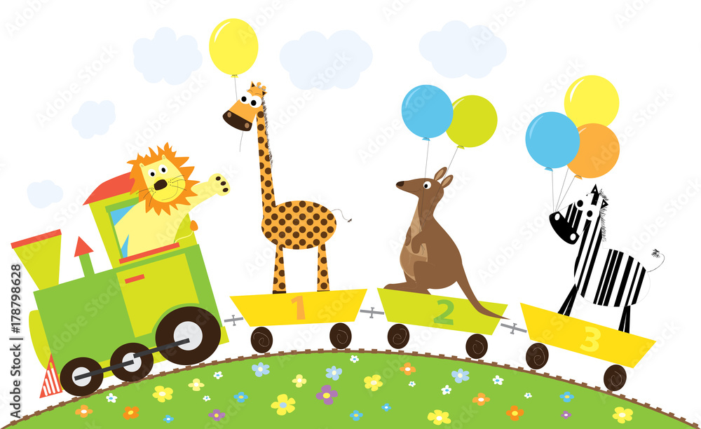 Naklejka Kreskówka ładny pociąg z dzikimi zwierzętami, balonami i liczbami