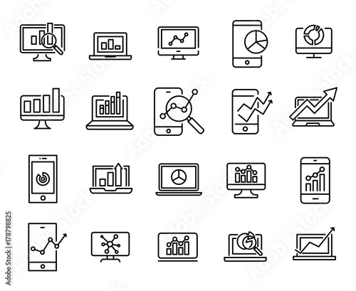 Simple collection of web analytics related line icons.