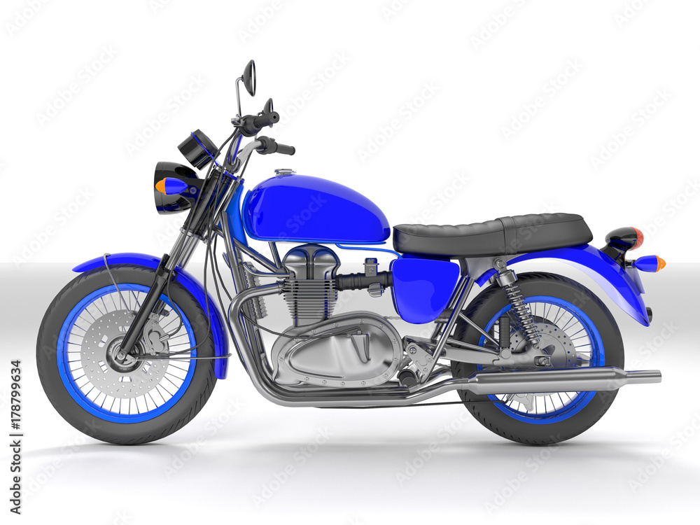 3d illustration of a blue black classic motorcycle isolated on white background.