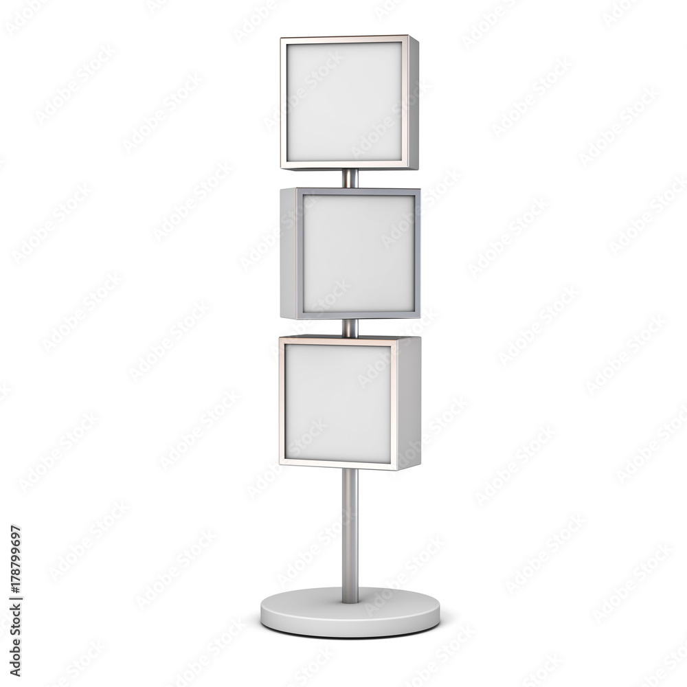 Blank box signboards with pole stand , blank mock up , signage boards or advertising square billboard boxes isolated on white background . 3D rendering. Blank box signboards with pole stand , blank mock up , signage boards or advertising square billboard boxes isolated on white background . 3D rendering.