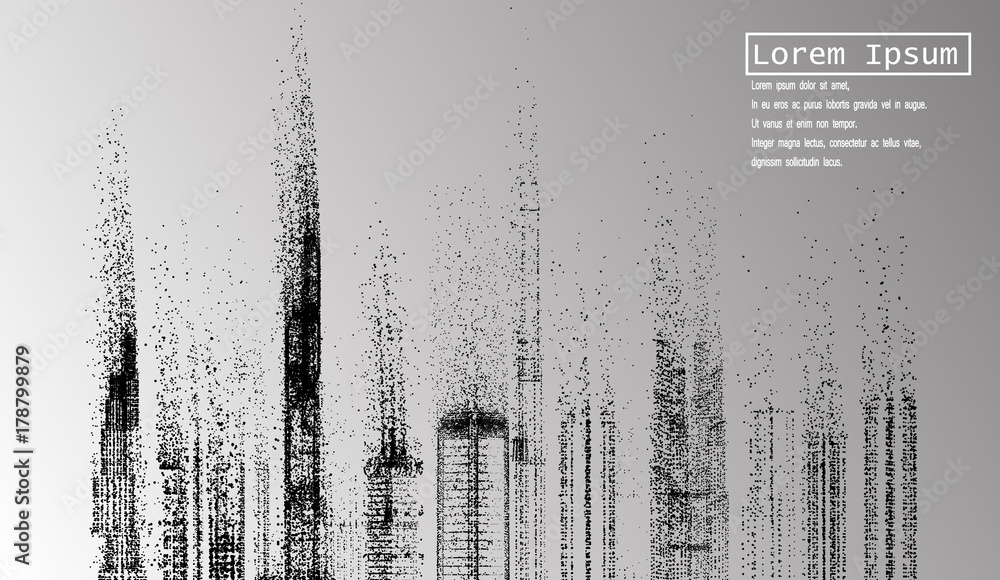 Building and City Illustration, Wind of particles, City scene on night time Building and City Illustration, Wind of particles, City scene on night time