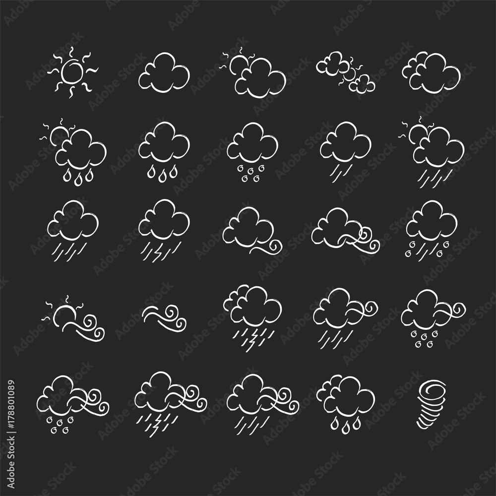 Weather doodle icon set, real pen sketch suitable for for web, mobile and infographics. Vector Illustration