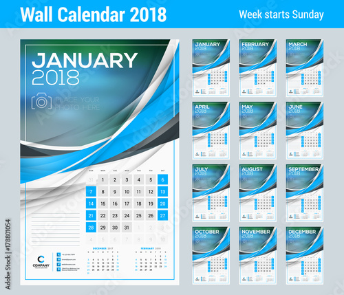 Vector calendar template for 2018 year. Set of 12 months. Vector design print template with abstract wave elements and place for photo. Week starts on Sunday