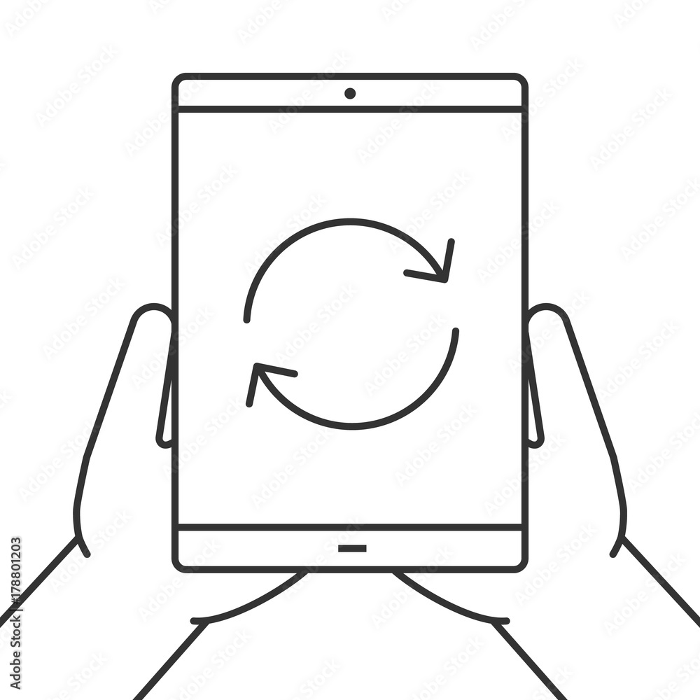 Fototapeta premium Hands holding tablet computer linear icon