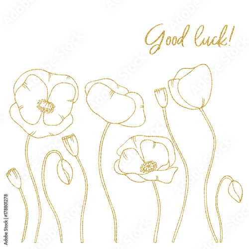 gold contour poppy flowers card and word good luck