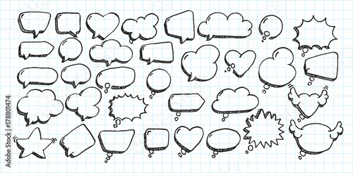Artistic collection of hand drawn doodle style comic balloon, cloud, heart shaped design elements. Isolated and real pen sketch. Vector Illustration