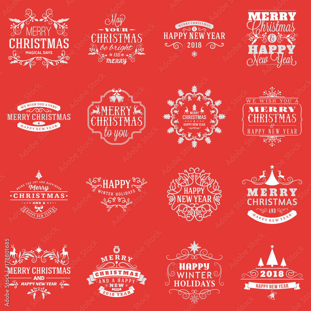 Set of Merry Christmas and Happy New Year Decorative Badges for Greetings Cards or Invitations. Vector Illustration. Typographic Design Elements Set of Merry Christmas and Happy New Year Decorative Badges for Greetings Cards or Invitations. Vector Illustration. Typographic Design Elements