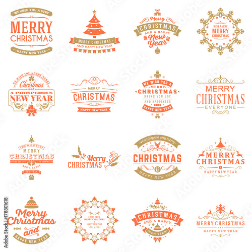 Set of Merry Christmas and Happy New Year Decorative Badges for Greetings Cards or Invitations. Vector Illustration. Typographic Design Elements