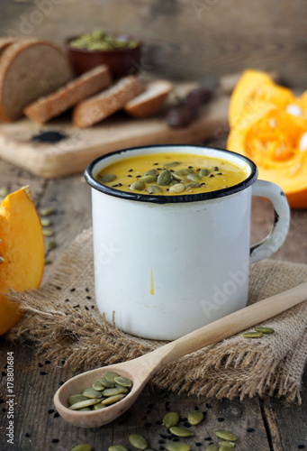 Pumpkin soup with spices and pumpkin seeds