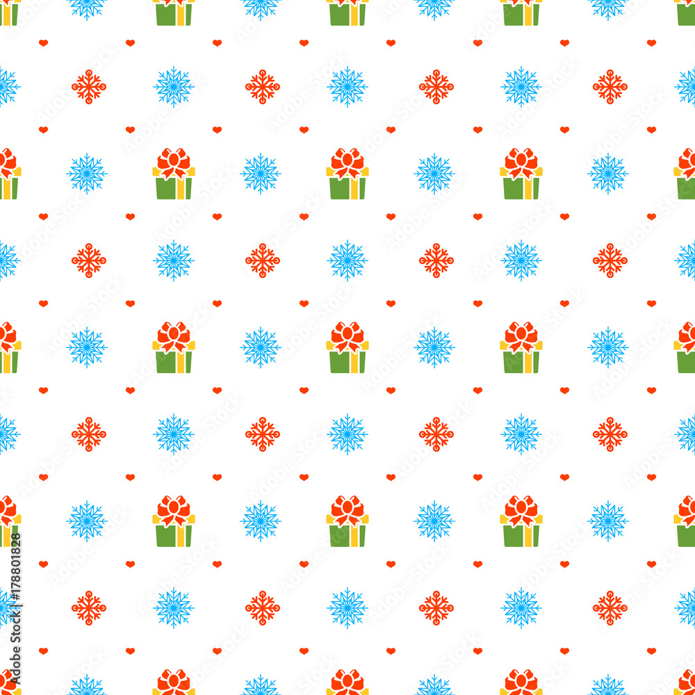 Christmas seamless pattern with gift and snowflakes on white background. Vector background for wrapping paper or greeting cards