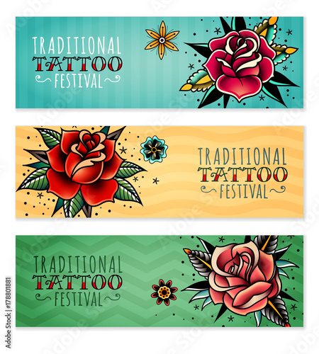 traditional tattoo roses horizontal banners