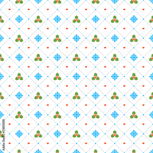Christmas seamless pattern with mistletoe and snowflakes on white background. Vector background for wrapping paper or greeting cards