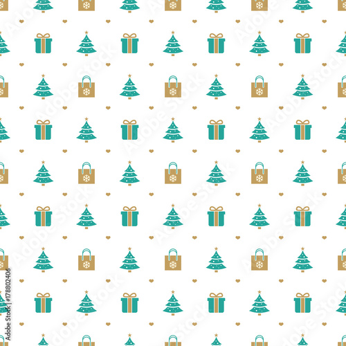 Christmas seamless pattern with Christmas tree and gift on white background. Vector background for wrapping paper or greeting cards