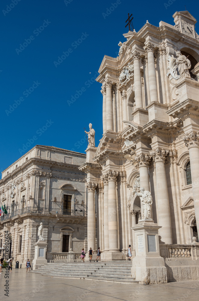 Baroque style Cathedral in piazza Duomo. Ortiga island, Syracuse city, in Sicily. The city is a historic town in Sicily, the capital of the province of Syracuse.