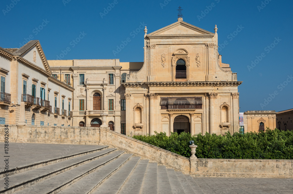  Basilica of saint savior (san salvatore) in Noto. View from stairway of cathedral of Noto. Sicily Italy