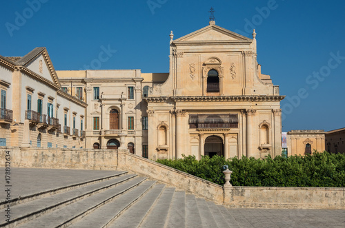  Basilica of saint savior (san salvatore) in Noto. View from stairway of cathedral of Noto. Sicily Italy