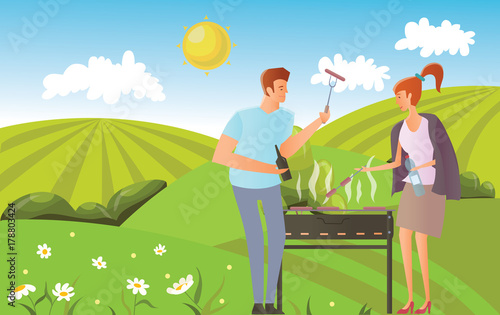 People on picnic or Bbq party in rural landscape. Young Man and woman cooking steaks and sausages on grill. Vector illustration.