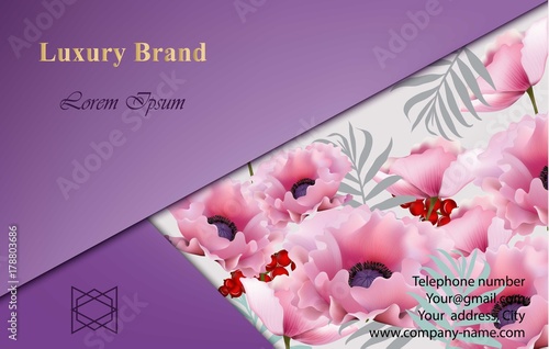 Luxury Brand card with pink poppy flowers. Vector illustrations