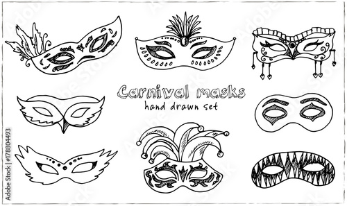 Hand drawn doodle carnival masks set.