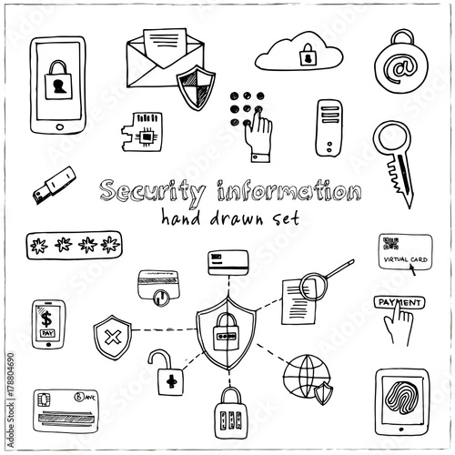 Hand drawn doodle security information set.