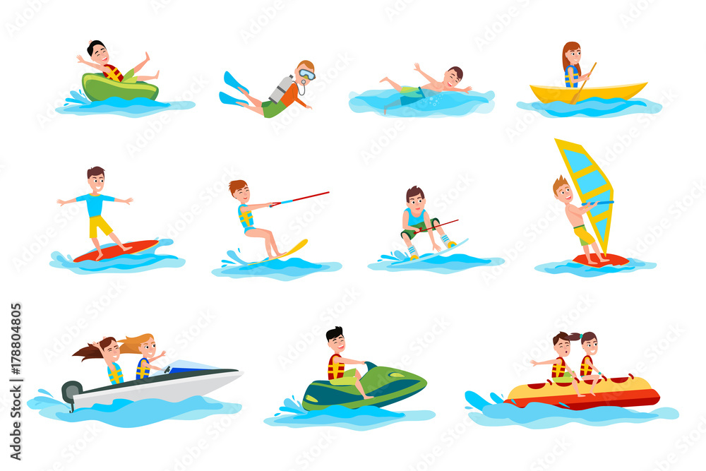 Characters Do Summer Water Sport Illustrations Set Characters Do Summer Water Sport Illustrations Set