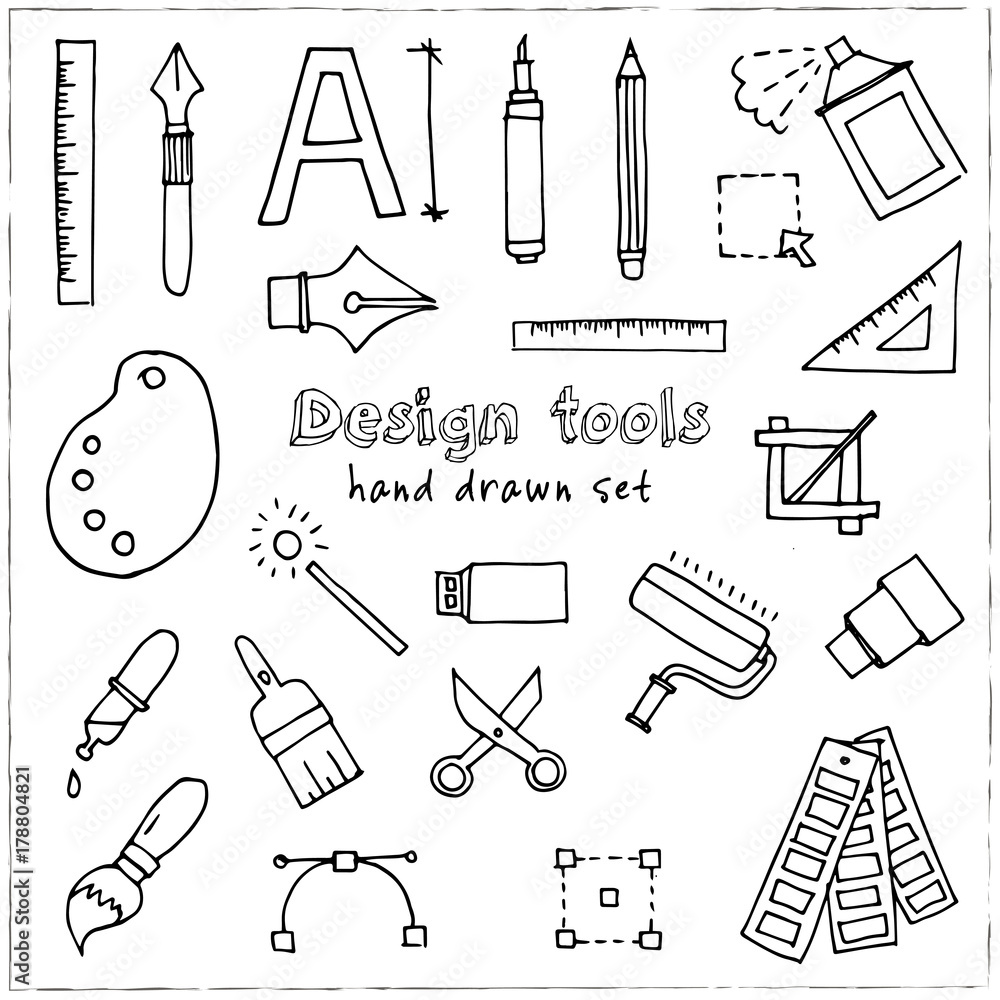 Hand drawn doodle design tools set. Hand drawn doodle design tools set.