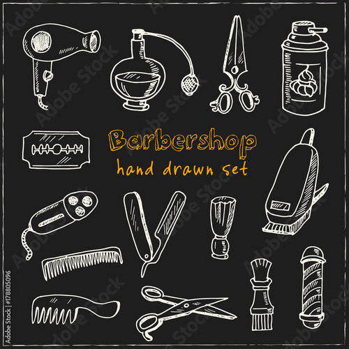 Hand drawn doodle barbershop set.