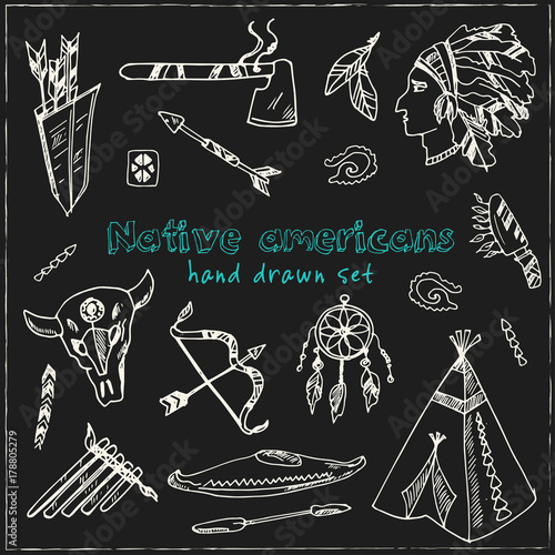 Hand drawn doodle native americans set.