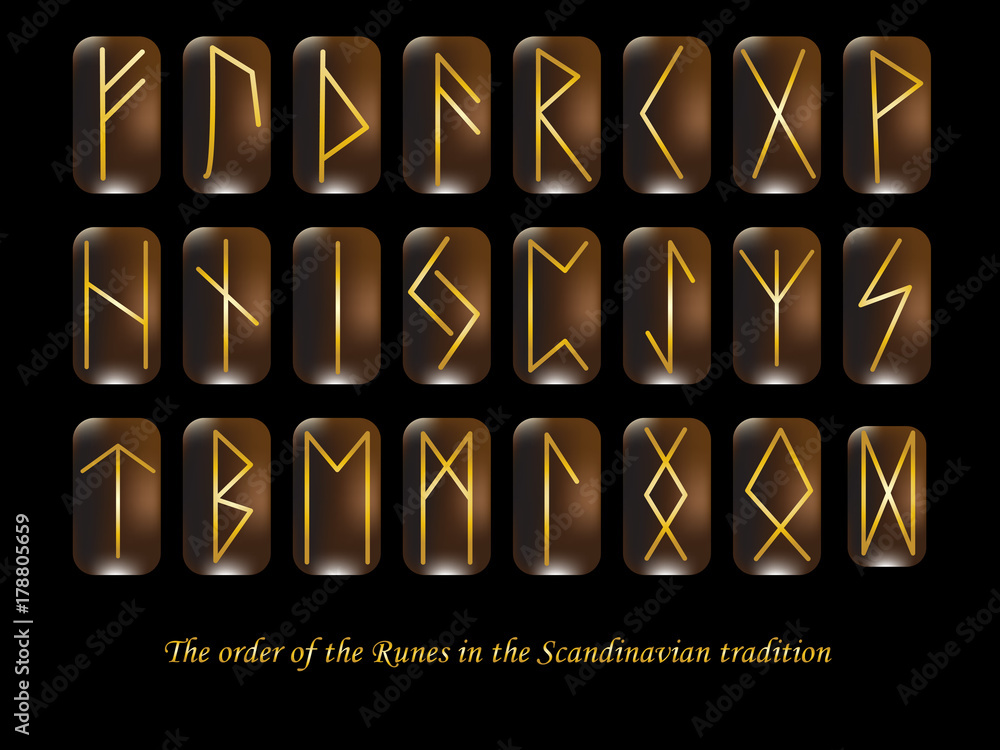 Vector illustration of golden rune metal runes symbols on a black ...